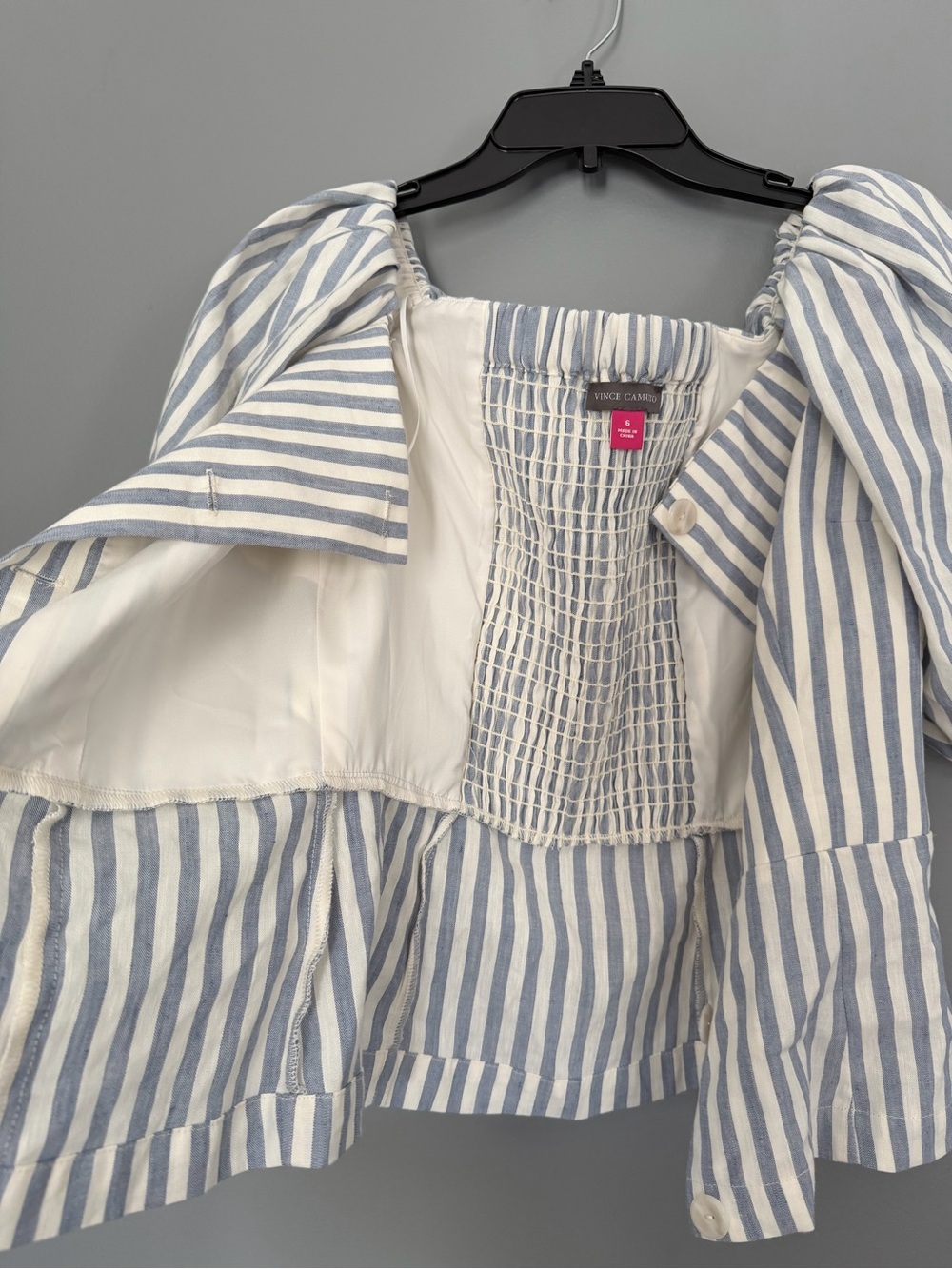 Vince Camuto Blue & White Striped Puff-Sleeve Button linen Top - Picture 3 of 6